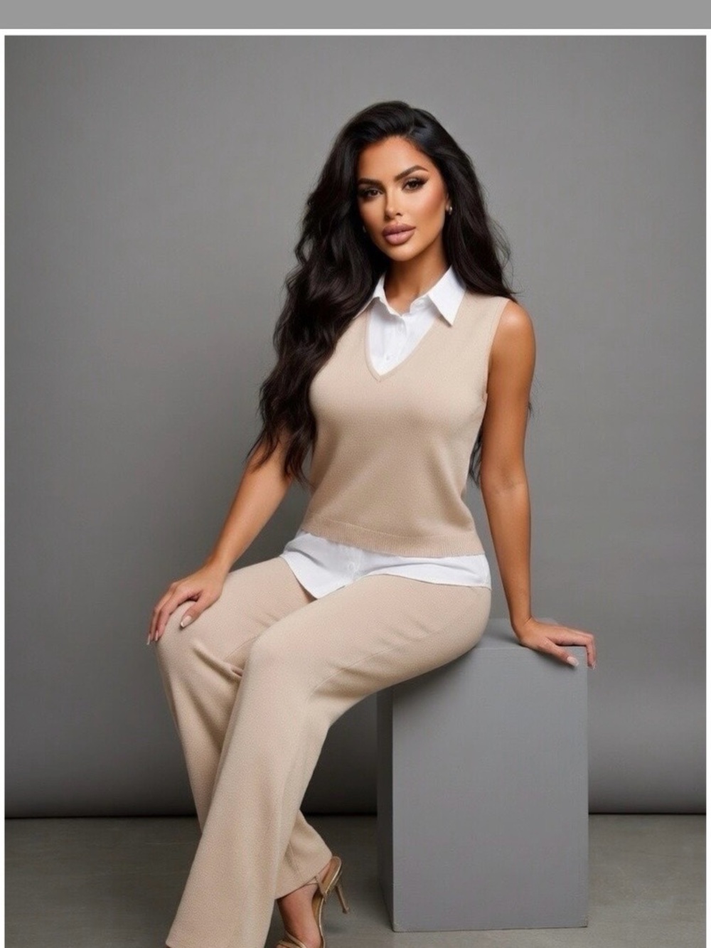 Beige Knit Vest & Wide-Leg Pant Set